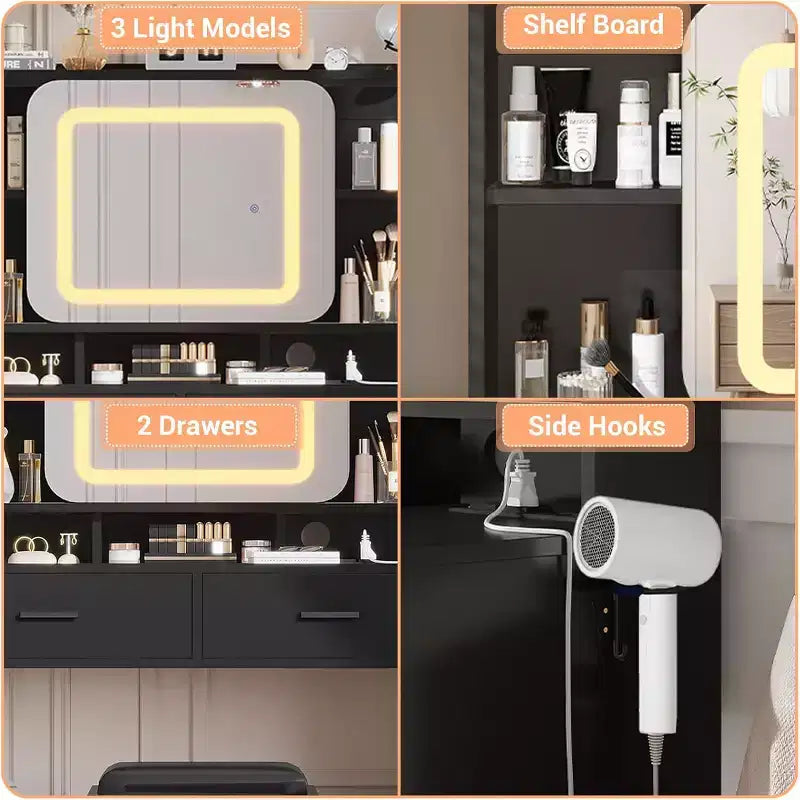 COZONY Coiffeuse avec miroir lumineux et tabouret, table de maquillage coulissante avec étagères de rangement et tiroirs