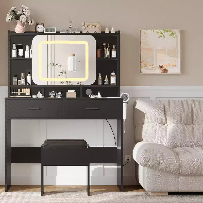COZONY Coiffeuse avec miroir lumineux et tabouret, table de maquillage coulissante avec étagères de rangement et tiroirs