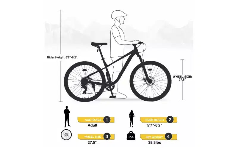 Vélo tout-terrain 27,5 pouces, 8 vitesses, pour hommes, femmes, garçons et filles, suspension avant, cadre en acier