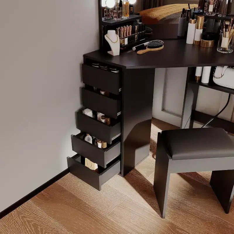 Coiffeuse COZONY avec miroir et lumières, Coiffeuse d'angle avec 3 options d'éclairage, 5 tiroirs, étagères et tabouret rembourré, Noir
