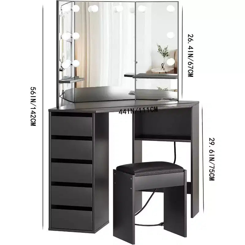 Coiffeuse COZONY avec miroir et lumières, Coiffeuse d'angle avec 3 options d'éclairage, 5 tiroirs, étagères et tabouret rembourré, Noir