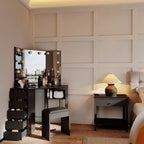 Coiffeuse COZONY avec miroir et lumières, Coiffeuse d'angle avec 3 options d'éclairage, 5 tiroirs, étagères et tabouret rembourré, Noir