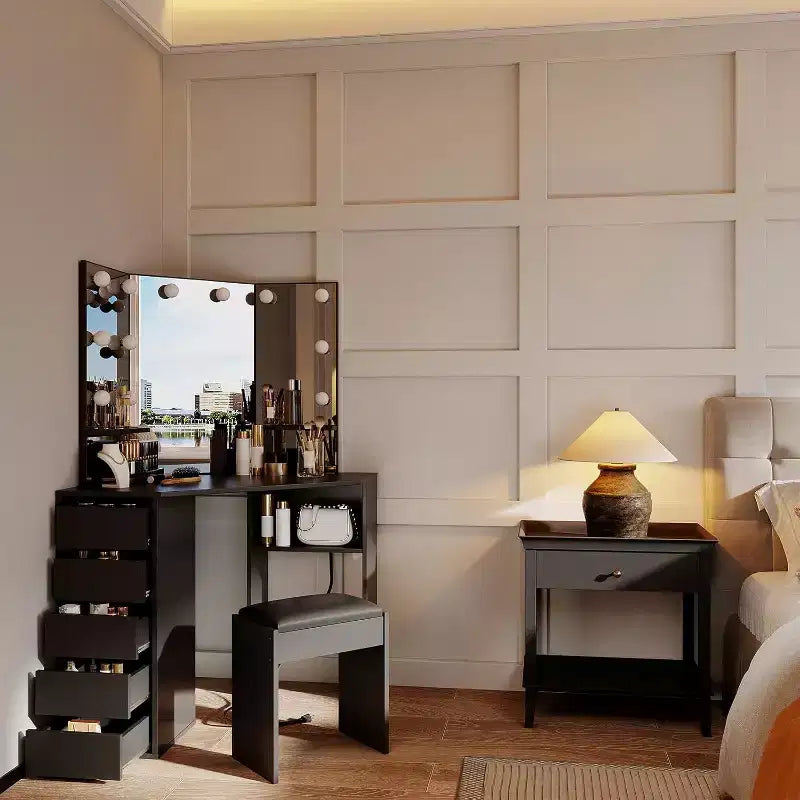 Coiffeuse COZONY avec miroir et lumières, Coiffeuse d'angle avec 3 options d'éclairage, 5 tiroirs, étagères et tabouret rembourré, Noir