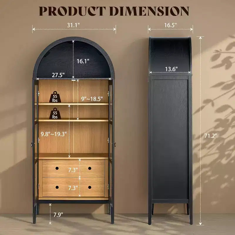Meuble de rangement haut AMERLIFE 71 avec portes vitrées et tiroirs pour salon, chêne noir