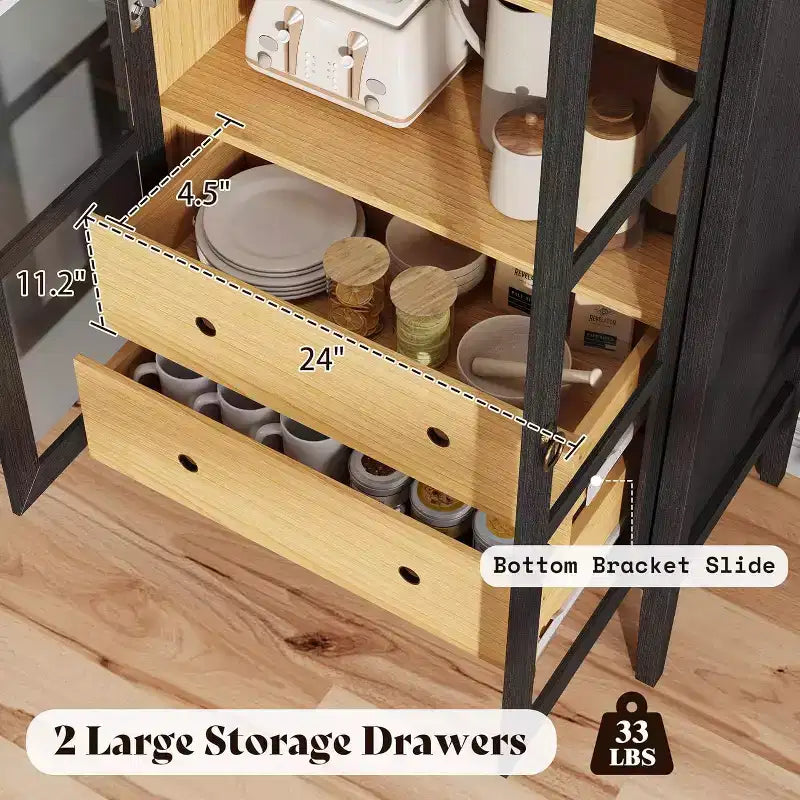 Meuble de rangement haut AMERLIFE 71 avec portes vitrées et tiroirs pour salon, chêne noir
