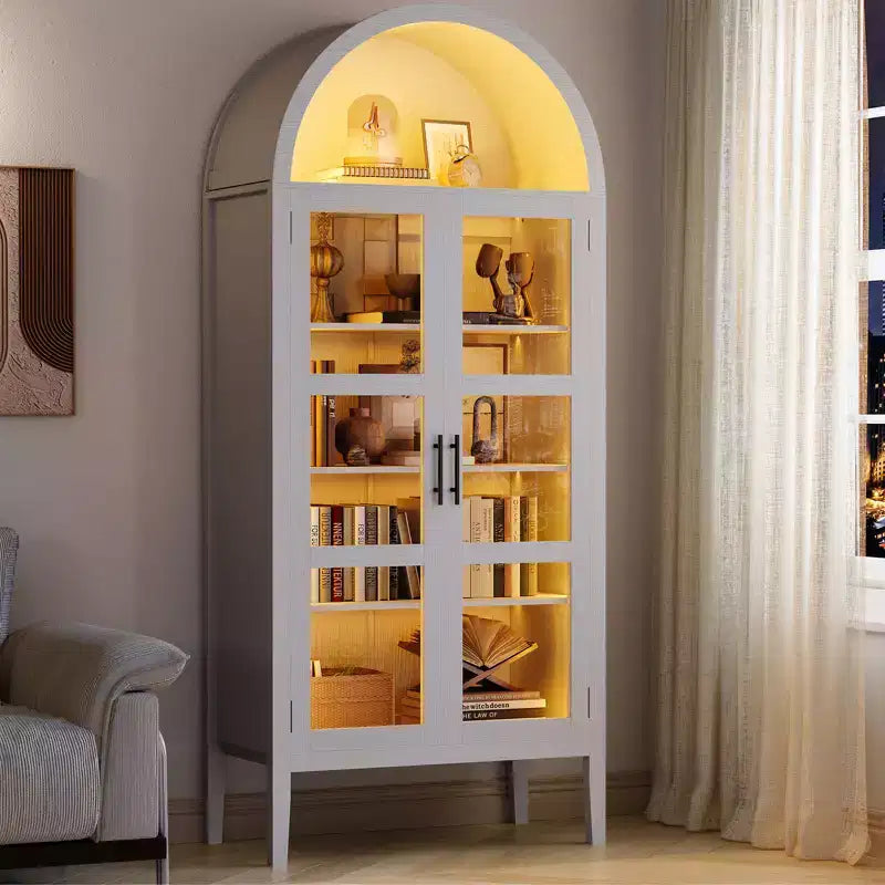 COZONY 70 Armoire de cuisine cintrée avec lumières LED et portes vitrées, étagère réglable, bibliothèque d'exposition