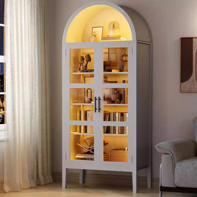 COZONY 70 Armoire de cuisine cintrée avec lumières LED et portes vitrées, étagère réglable, bibliothèque d'exposition
