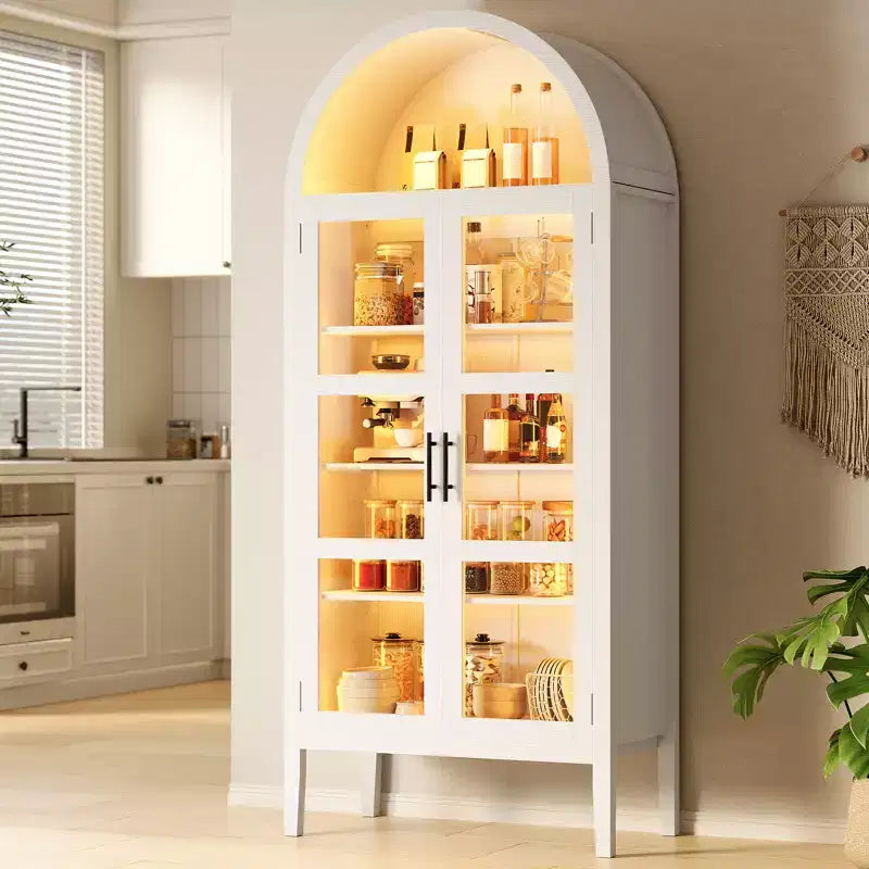 COZONY 70 Armoire de cuisine cintrée avec lumières LED et portes vitrées, étagère réglable, bibliothèque d'exposition