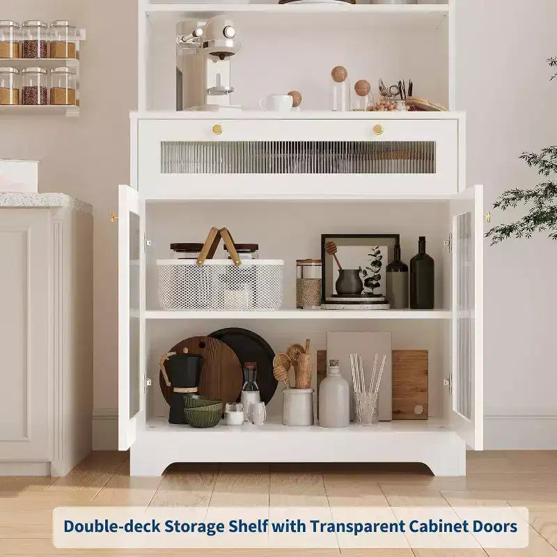 62 Meuble de Rangement, Unité de Rangement Haute Autonome à 6 Niveaux avec 1 Tiroir, 2 Armoires, 3 Étagères Ouvertes, Portes en Verre, pour Bureau à Domicile