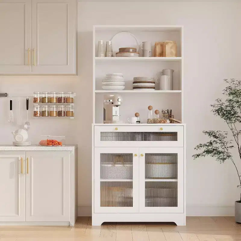 62 Meuble de Rangement, Unité de Rangement Haute Autonome à 6 Niveaux avec 1 Tiroir, 2 Armoires, 3 Étagères Ouvertes, Portes en Verre, pour Bureau à Domicile