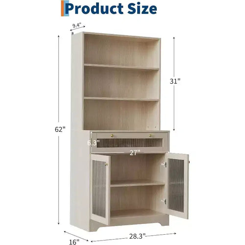 62 Meuble de Rangement, Unité de Rangement Haute Autonome à 6 Niveaux avec 1 Tiroir, 2 Armoires, 3 Étagères Ouvertes, Portes en Verre, pour Bureau à Domicile