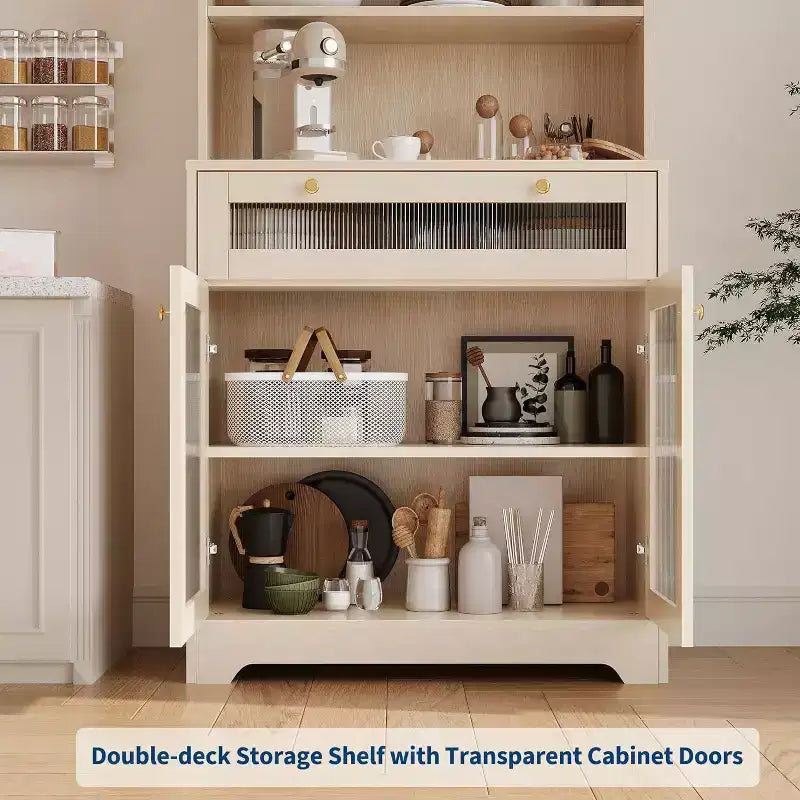 62 Meuble de Rangement, Unité de Rangement Haute Autonome à 6 Niveaux avec 1 Tiroir, 2 Armoires, 3 Étagères Ouvertes, Portes en Verre, pour Bureau à Domicile
