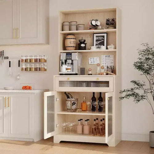62 Pantry Cabinet, 6-Tier Freestanding Tall Cupboard Storage Unit with 1 Drawer, 2 Cabinets, 3 Open Shelves, Glass Doors, for Home Office