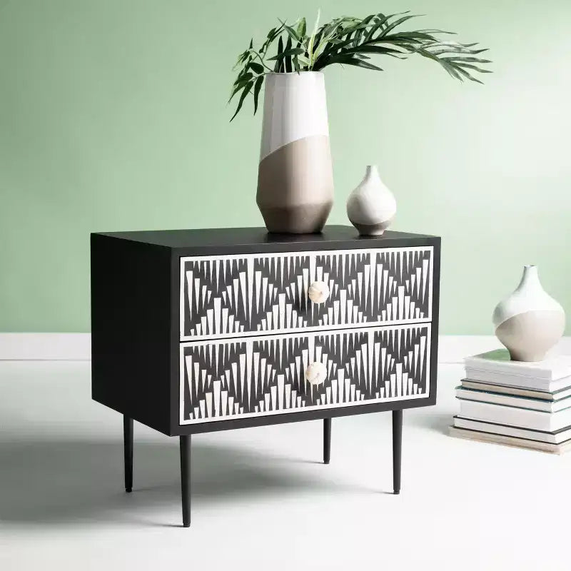 Table de chevet Tessie 2 tiroirs avec incrustation en os - SFV6609 - Os/Noir - Safavieh Couture