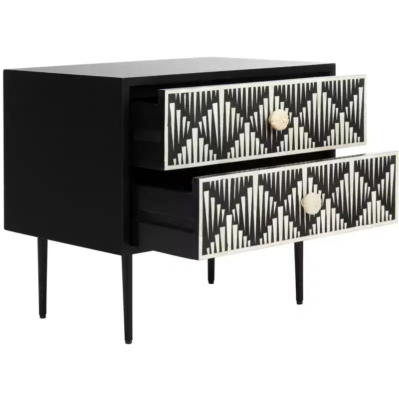 Table de chevet Tessie 2 tiroirs avec incrustation en os - SFV6609 - Os/Noir - Safavieh Couture