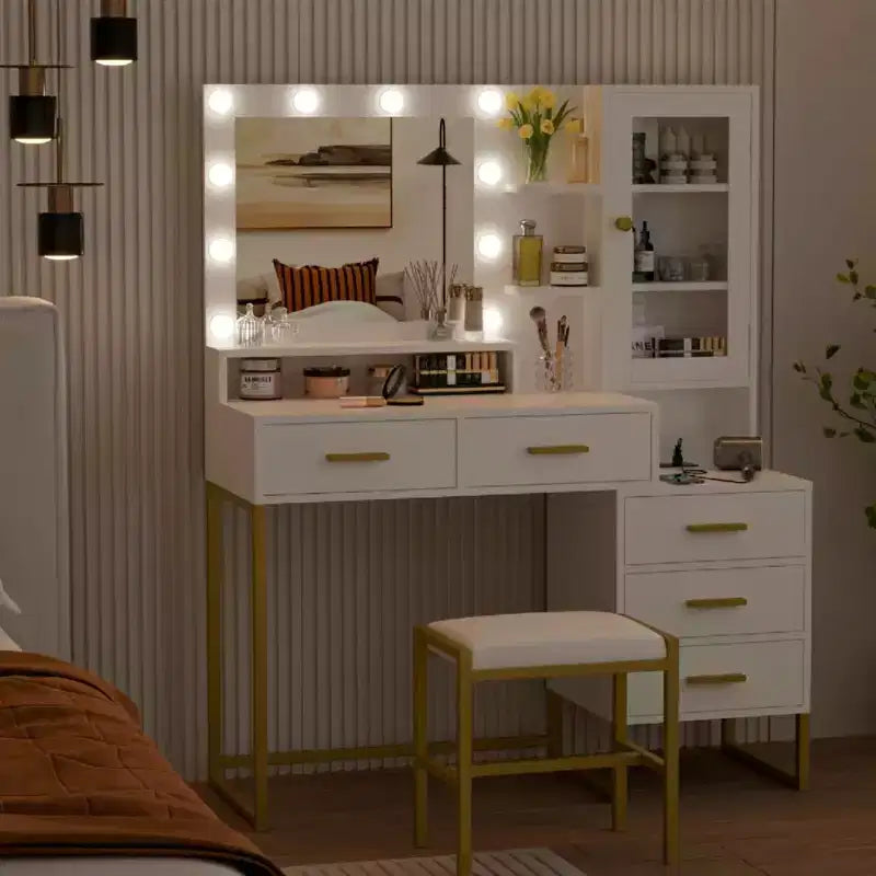 COZONY Coiffeuse avec tabouret rembourré, coiffeuse avec miroir et lumières, ensemble de coiffeuse avec rangement pour bijoux, 5 tiroirs et étagères