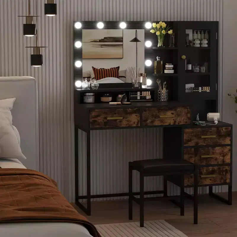 COZONY Coiffeuse avec tabouret rembourré, coiffeuse avec miroir et lumières, ensemble de coiffeuse avec rangement pour bijoux, 5 tiroirs et étagères