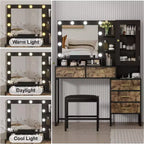 COZONY Coiffeuse avec tabouret rembourré, coiffeuse avec miroir et lumières, ensemble de coiffeuse avec rangement pour bijoux, 5 tiroirs et étagères