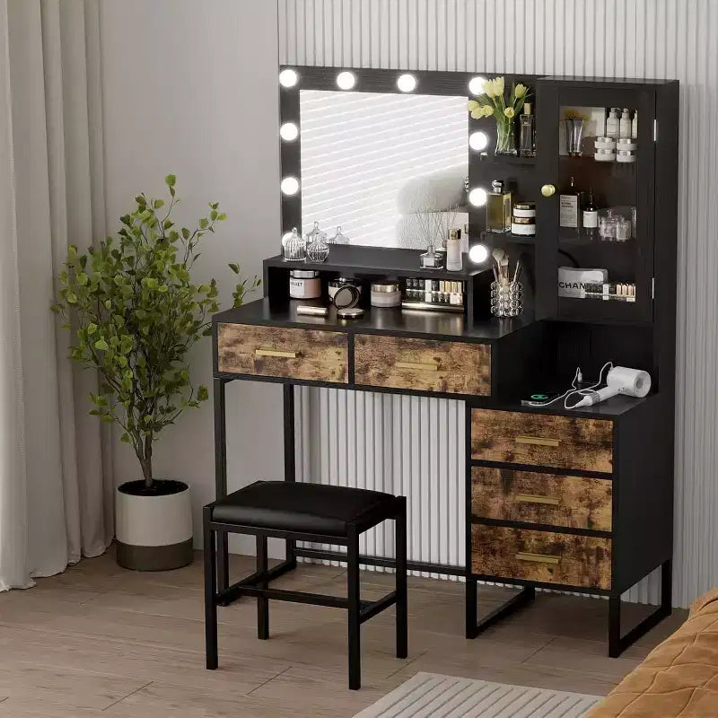 COZONY Coiffeuse avec tabouret rembourré, coiffeuse avec miroir et lumières, ensemble de coiffeuse avec rangement pour bijoux, 5 tiroirs et étagères