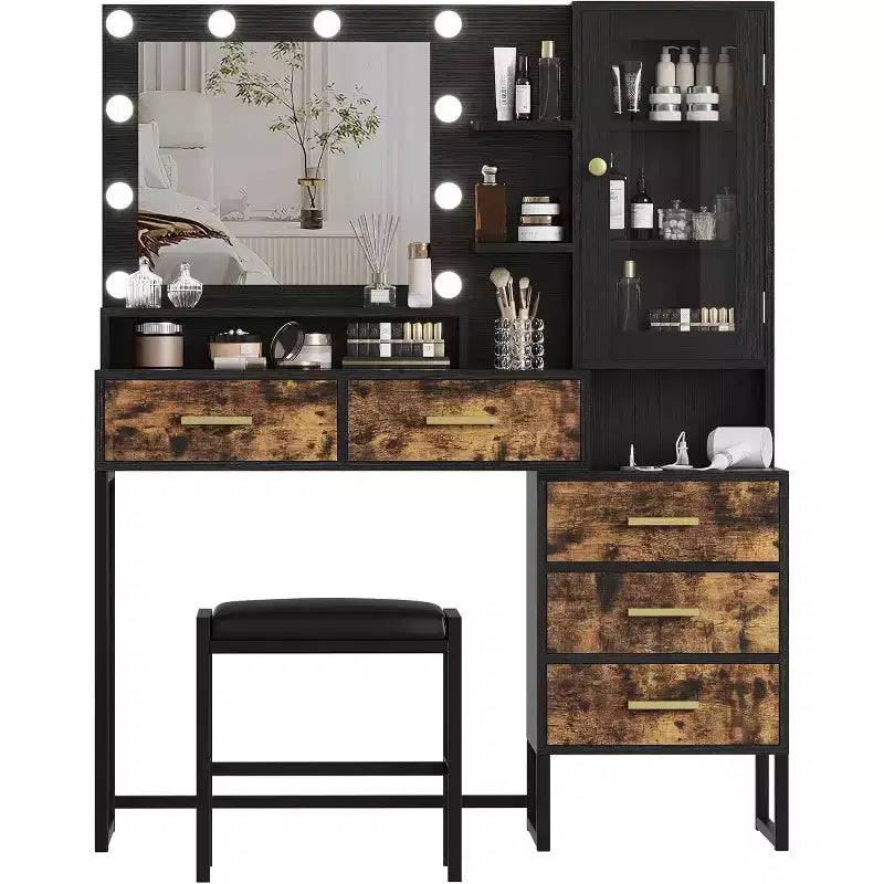 COZONY Coiffeuse avec tabouret rembourré, coiffeuse avec miroir et lumières, ensemble de coiffeuse avec rangement pour bijoux, 5 tiroirs et étagères