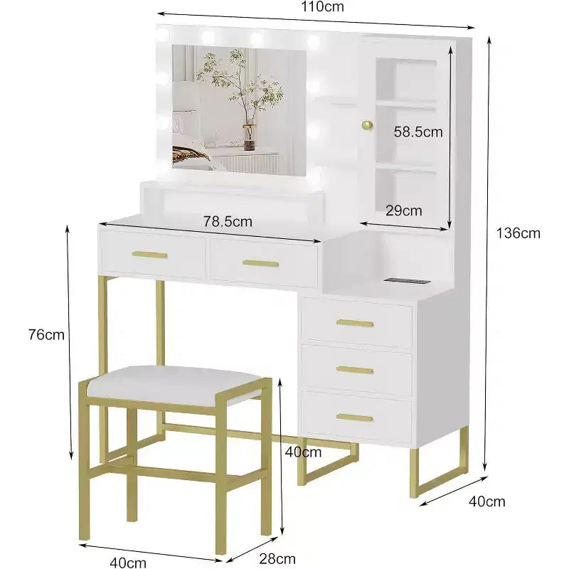 COZONY Coiffeuse avec tabouret rembourré, coiffeuse avec miroir et lumières, ensemble de coiffeuse avec rangement pour bijoux, 5 tiroirs et étagères