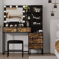 COZONY Coiffeuse avec tabouret rembourré, coiffeuse avec miroir et lumières, ensemble de coiffeuse avec rangement pour bijoux, 5 tiroirs et étagères
