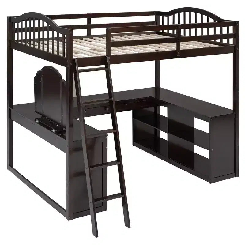 Lit mezzanine double avec bureau, lit mezzanine en bois avec tiroirs et étagères de rangement, lit mezzanine double haut avec miroir de coiffeuse pour enfants, adolescents et adultes