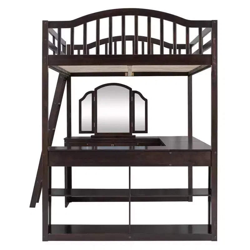 Lit mezzanine double avec bureau, lit mezzanine en bois avec tiroirs et étagères de rangement, lit mezzanine double haut avec miroir de coiffeuse pour enfants, adolescents et adultes