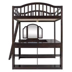 Lit mezzanine double avec bureau, lit mezzanine en bois avec tiroirs et étagères de rangement, lit mezzanine double haut avec miroir de coiffeuse pour enfants, adolescents et adultes