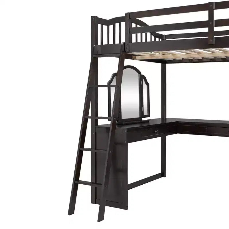 Lit mezzanine double avec bureau, lit mezzanine en bois avec tiroirs et étagères de rangement, lit mezzanine double haut avec miroir de coiffeuse pour enfants, adolescents et adultes