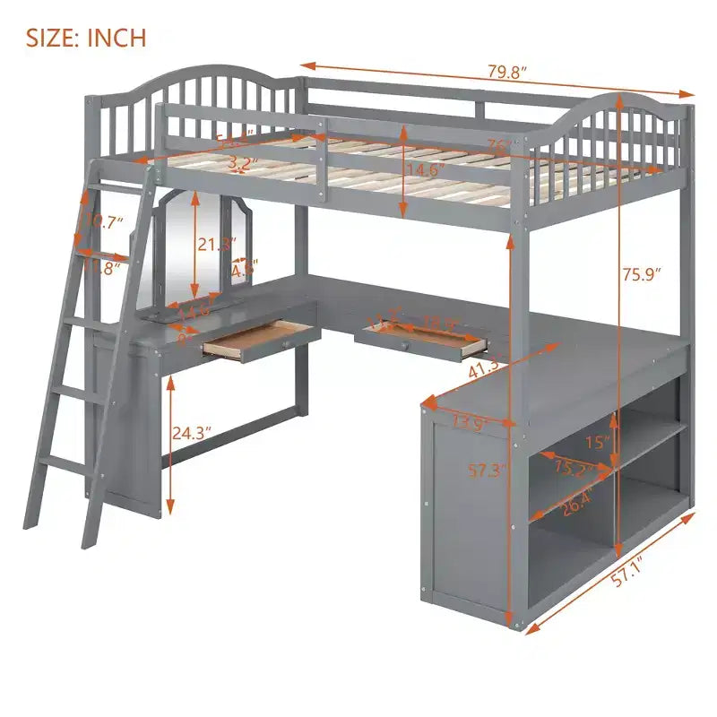 Lit mezzanine double avec bureau, lit mezzanine en bois avec tiroirs et étagères de rangement, lit mezzanine double haut avec miroir de coiffeuse pour enfants, adolescents et adultes