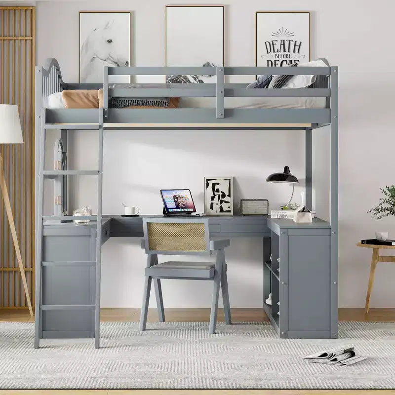 Lit mezzanine double avec bureau, lit mezzanine en bois avec tiroirs et étagères de rangement, lit mezzanine double haut avec miroir de coiffeuse pour enfants, adolescents et adultes