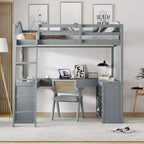 Lit mezzanine double avec bureau, lit mezzanine en bois avec tiroirs et étagères de rangement, lit mezzanine double haut avec miroir de coiffeuse pour enfants, adolescents et adultes