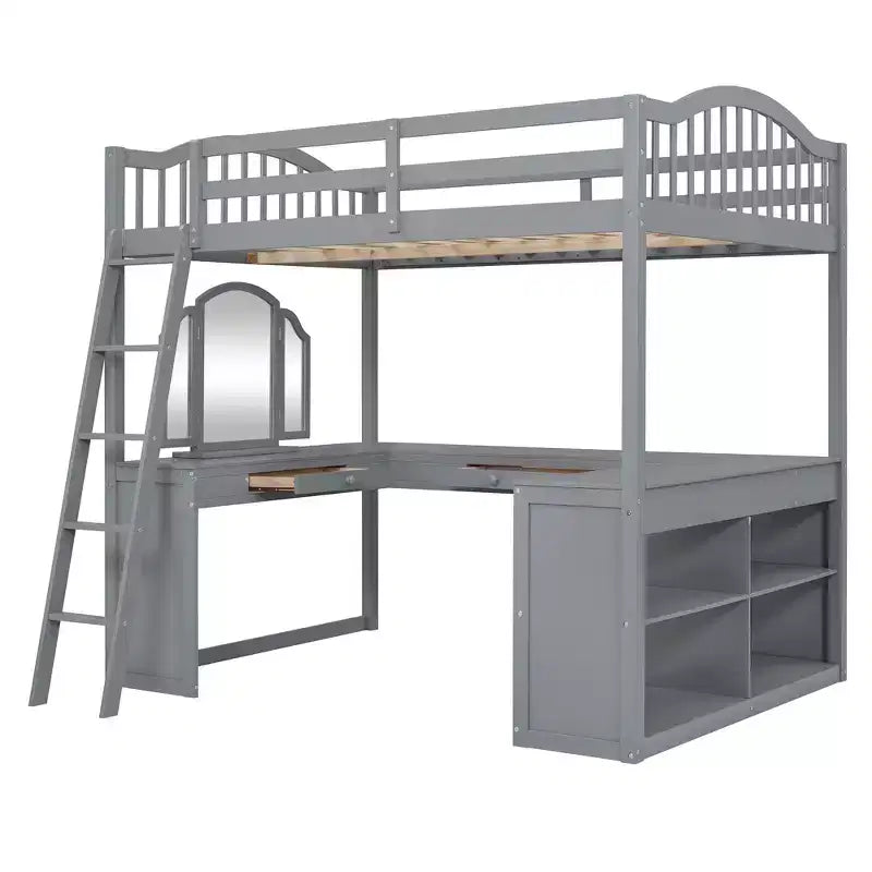 Lit mezzanine double avec bureau, lit mezzanine en bois avec tiroirs et étagères de rangement, lit mezzanine double haut avec miroir de coiffeuse pour enfants, adolescents et adultes