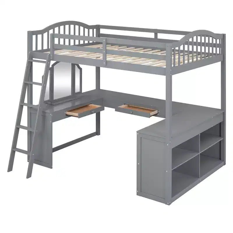 Lit mezzanine double avec bureau, lit mezzanine en bois avec tiroirs et étagères de rangement, lit mezzanine double haut avec miroir de coiffeuse pour enfants, adolescents et adultes