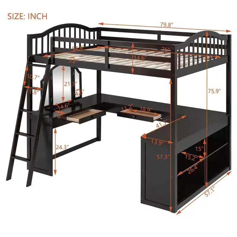 Lit mezzanine double avec bureau, lit mezzanine en bois avec tiroirs et étagères de rangement, lit mezzanine double haut avec miroir de coiffeuse pour enfants, adolescents et adultes