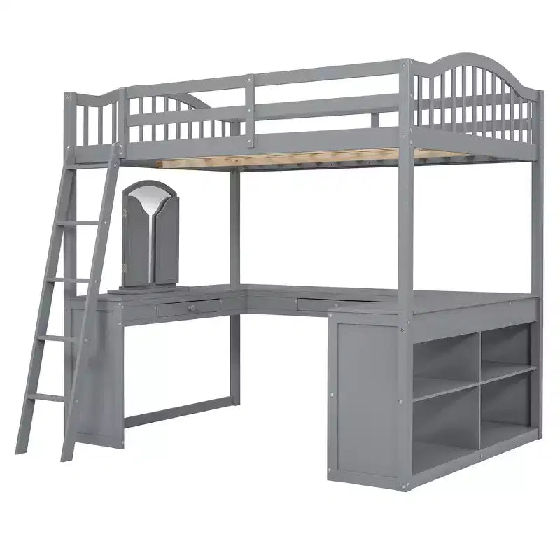 Lit mezzanine double avec bureau, lit mezzanine en bois avec tiroirs et étagères de rangement, lit mezzanine double haut avec miroir de coiffeuse pour enfants, adolescents et adultes