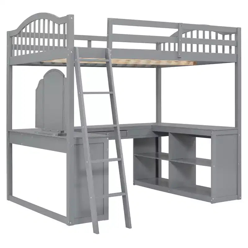 Lit mezzanine double avec bureau, lit mezzanine en bois avec tiroirs et étagères de rangement, lit mezzanine double haut avec miroir de coiffeuse pour enfants, adolescents et adultes