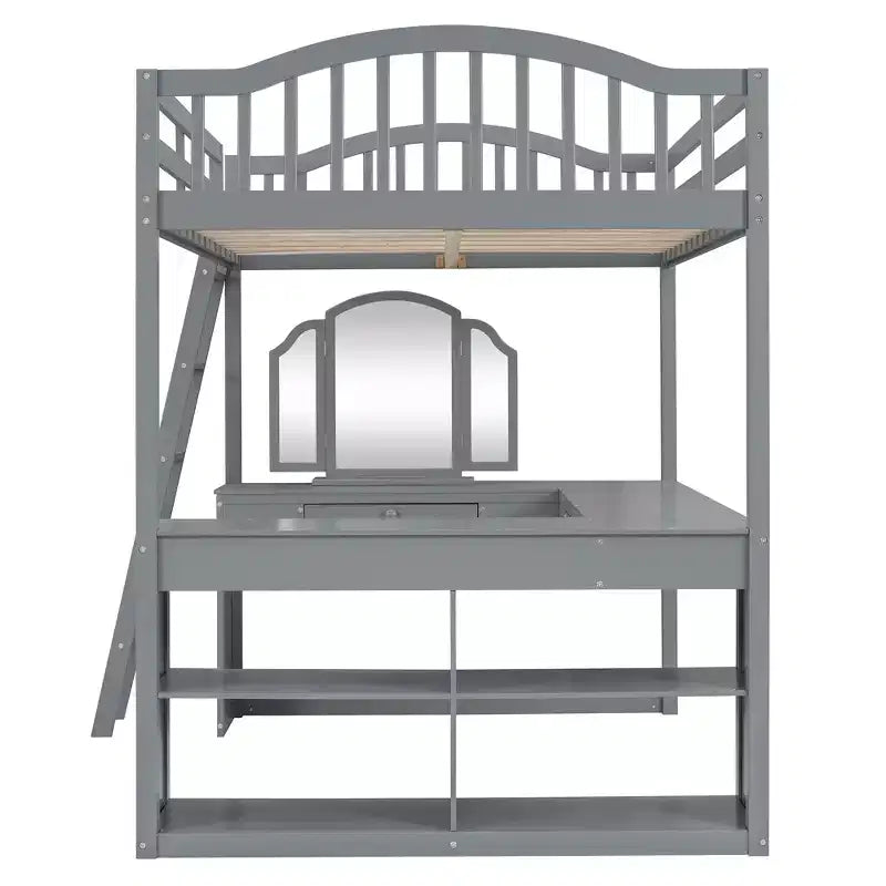 Lit mezzanine double avec bureau, lit mezzanine en bois avec tiroirs et étagères de rangement, lit mezzanine double haut avec miroir de coiffeuse pour enfants, adolescents et adultes