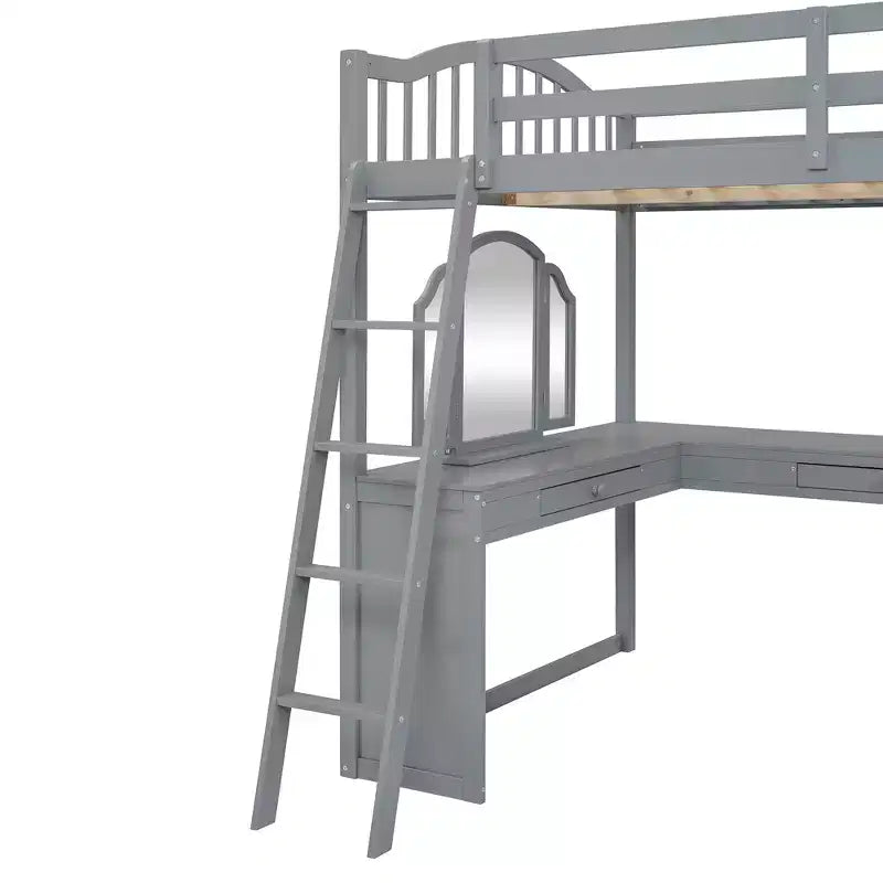 Lit mezzanine double avec bureau, lit mezzanine en bois avec tiroirs et étagères de rangement, lit mezzanine double haut avec miroir de coiffeuse pour enfants, adolescents et adultes