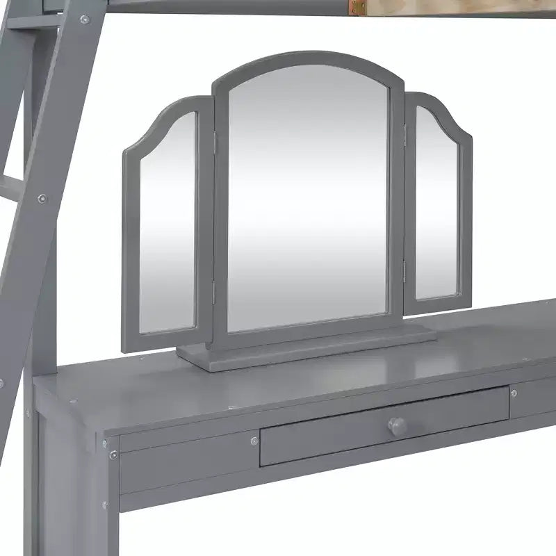 Lit mezzanine double avec bureau, lit mezzanine en bois avec tiroirs et étagères de rangement, lit mezzanine double haut avec miroir de coiffeuse pour enfants, adolescents et adultes