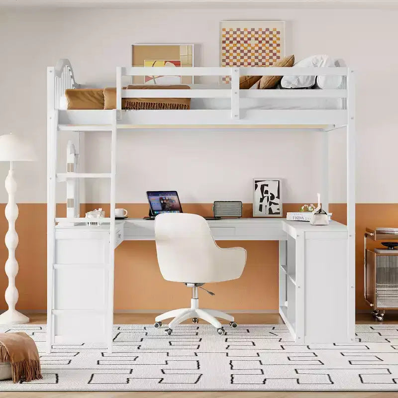 Lit mezzanine double avec bureau, lit mezzanine en bois avec tiroirs et étagères de rangement, lit mezzanine double haut avec miroir de coiffeuse pour enfants, adolescents et adultes