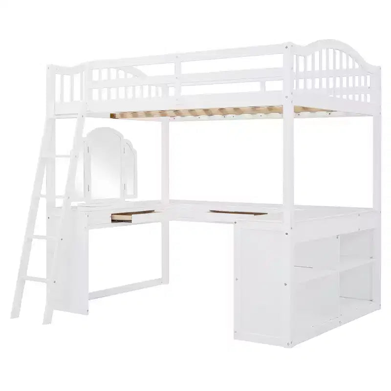 Lit mezzanine double avec bureau, lit mezzanine en bois avec tiroirs et étagères de rangement, lit mezzanine double haut avec miroir de coiffeuse pour enfants, adolescents et adultes