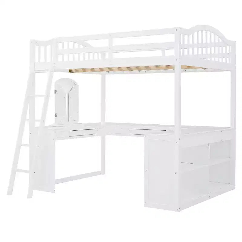 Lit mezzanine double avec bureau, lit mezzanine en bois avec tiroirs et étagères de rangement, lit mezzanine double haut avec miroir de coiffeuse pour enfants, adolescents et adultes