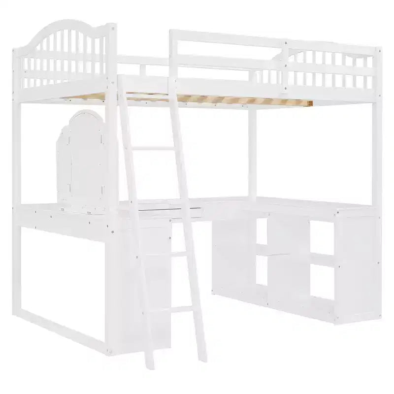 Lit mezzanine double avec bureau, lit mezzanine en bois avec tiroirs et étagères de rangement, lit mezzanine double haut avec miroir de coiffeuse pour enfants, adolescents et adultes