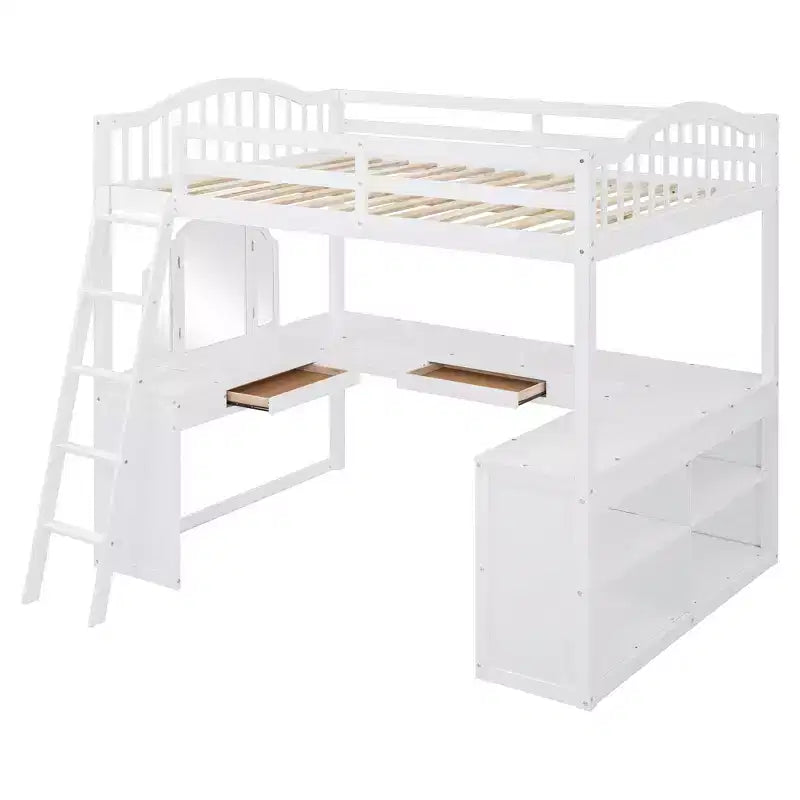 Lit mezzanine double avec bureau, lit mezzanine en bois avec tiroirs et étagères de rangement, lit mezzanine double haut avec miroir de coiffeuse pour enfants, adolescents et adultes