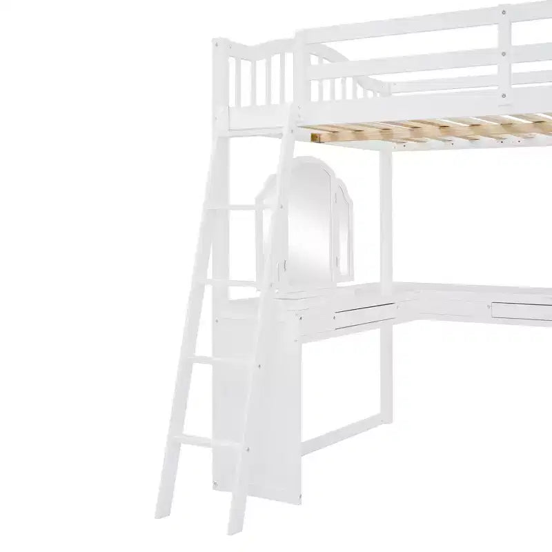 Lit mezzanine double avec bureau, lit mezzanine en bois avec tiroirs et étagères de rangement, lit mezzanine double haut avec miroir de coiffeuse pour enfants, adolescents et adultes