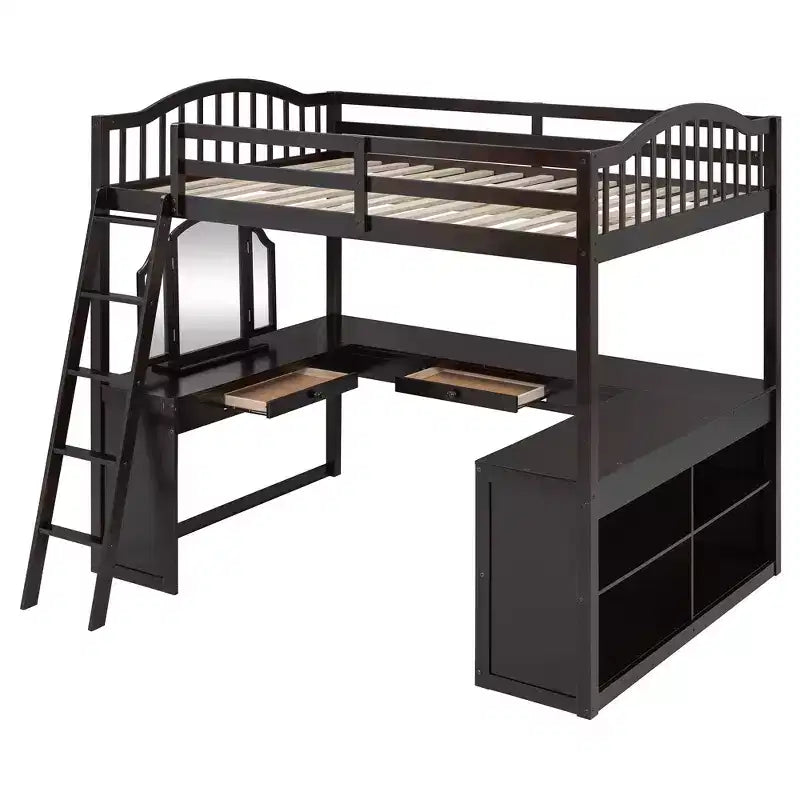 Lit mezzanine double avec bureau, lit mezzanine en bois avec tiroirs et étagères de rangement, lit mezzanine double haut avec miroir de coiffeuse pour enfants, adolescents et adultes