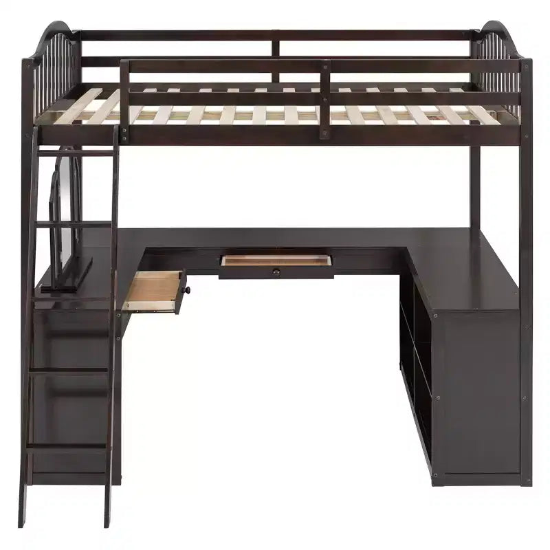 Lit mezzanine double avec bureau, lit mezzanine en bois avec tiroirs et étagères de rangement, lit mezzanine double haut avec miroir de coiffeuse pour enfants, adolescents et adultes