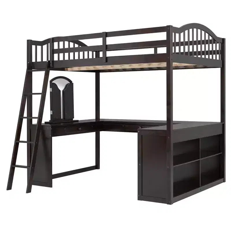 Lit mezzanine double avec bureau, lit mezzanine en bois avec tiroirs et étagères de rangement, lit mezzanine double haut avec miroir de coiffeuse pour enfants, adolescents et adultes